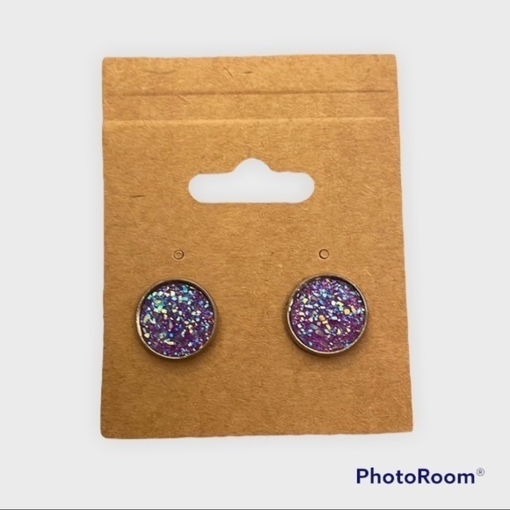 Purple and teal sparkle 12mm stud earrings